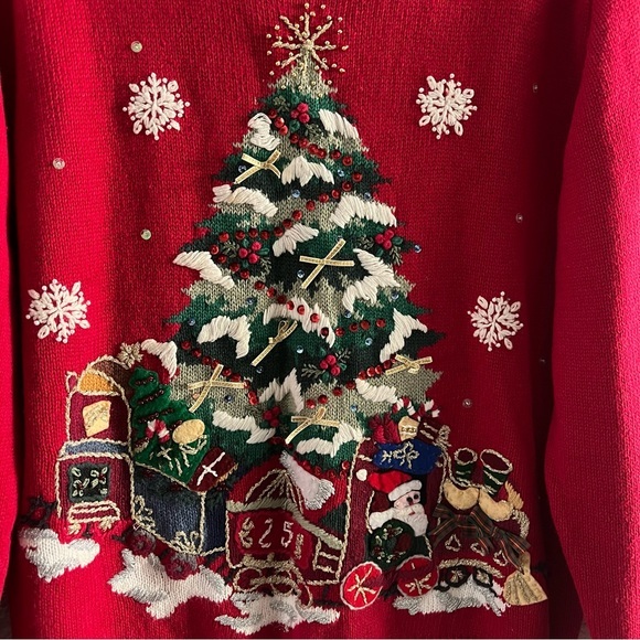 BEADED UGLY SWEATER CHRISTMAS SWEATER Embroidered Holiday RED GREEN - Picture 3 of 5
